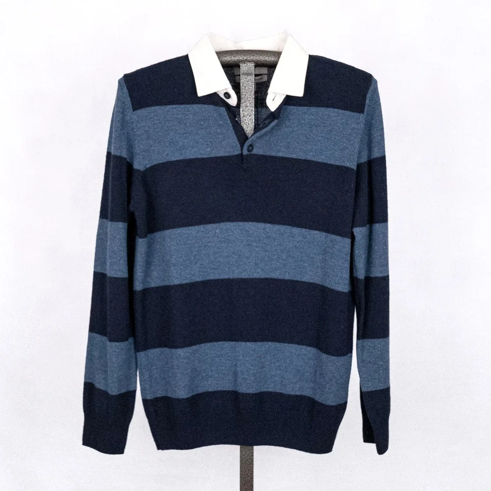 M&S Extra Fine 2-Ply Merino Lambswool Pullover Sweater Men's SMALL Blue Stripe